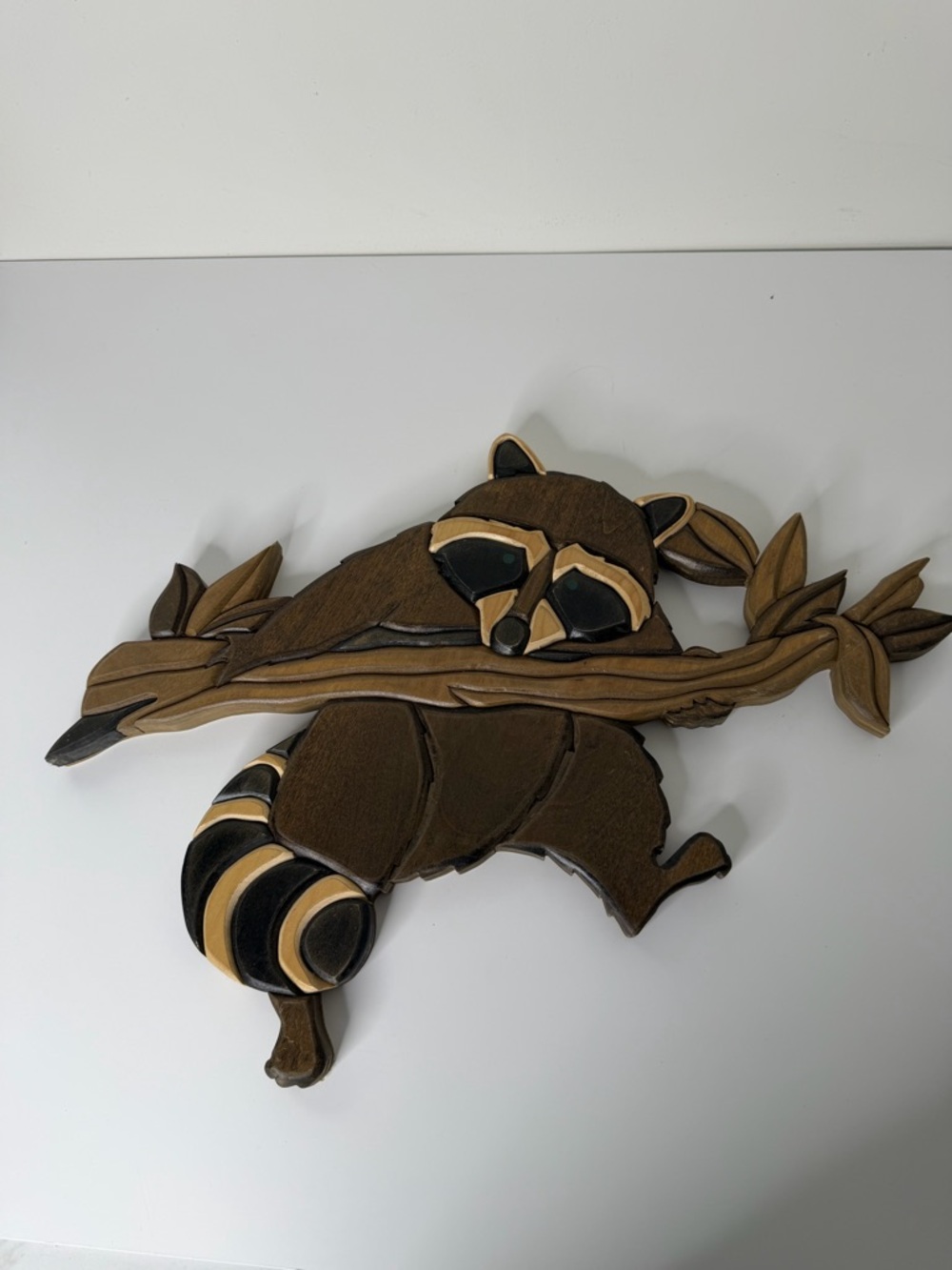 Handcrafted Brown Raccoon Wall Art - Wooden Intarsia - Picture 4 of 10